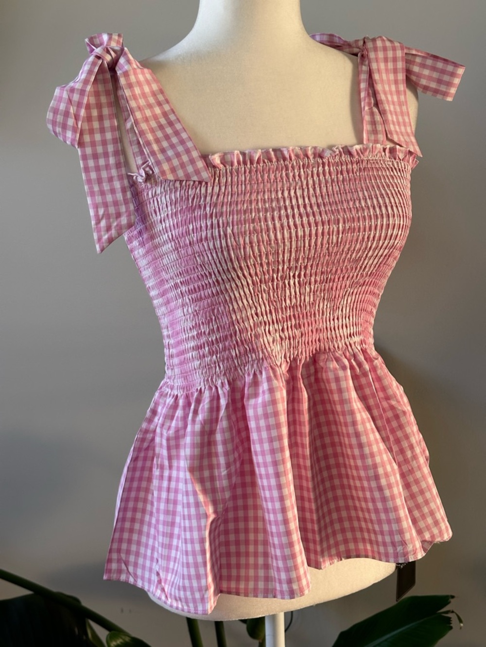 Pink Gingham Tie-Shoulder Smocked Peplum Top